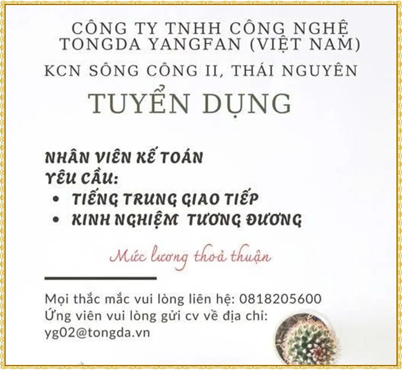 Thái nguyên tuyển nhân viên kế toán