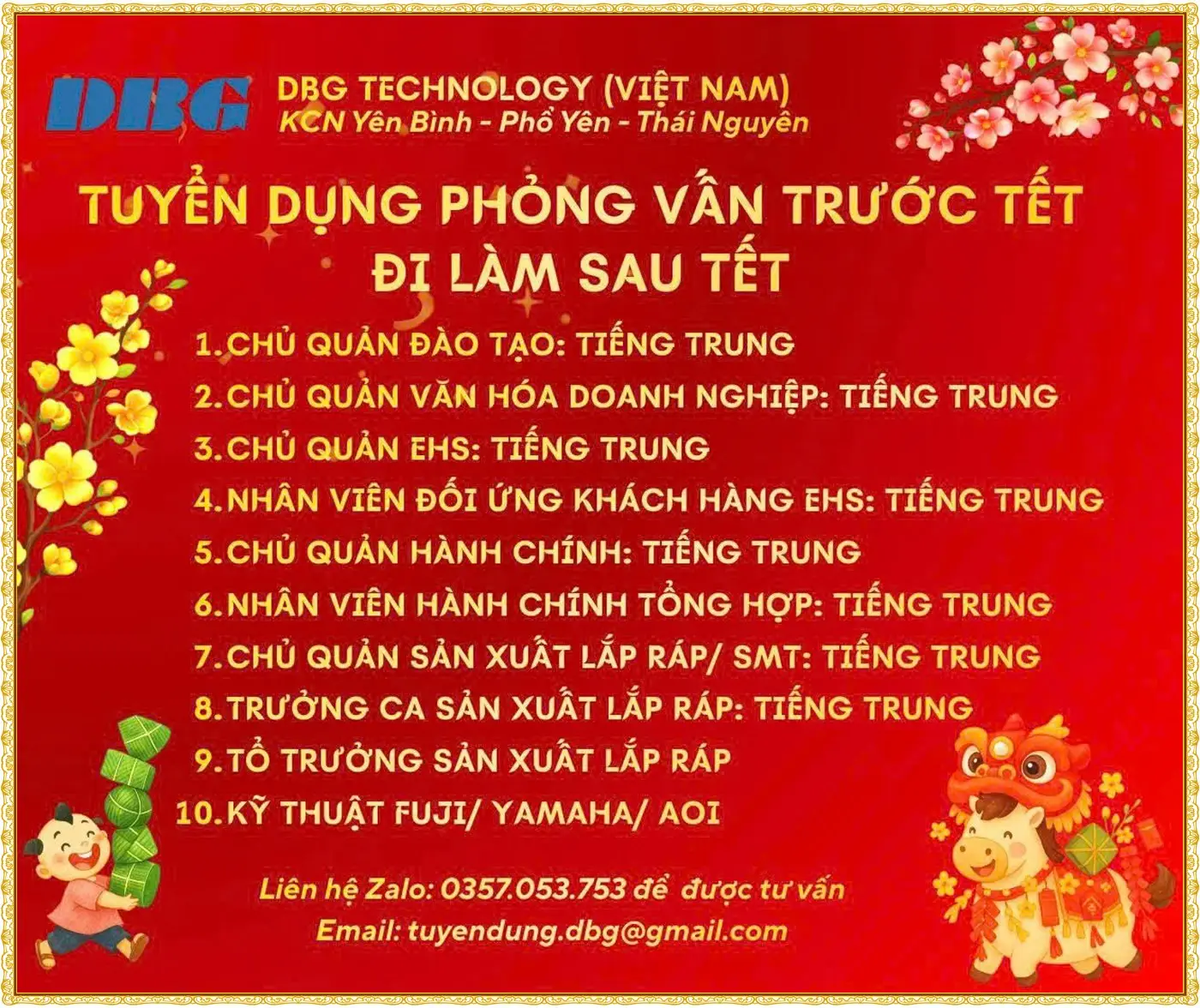 Tuyển dụng DBG Technology Thái Nguyên: Tuyển các vị trí Chủ quản tiếng Trung và Kỹ thuật Fuji Yamaha AOI.