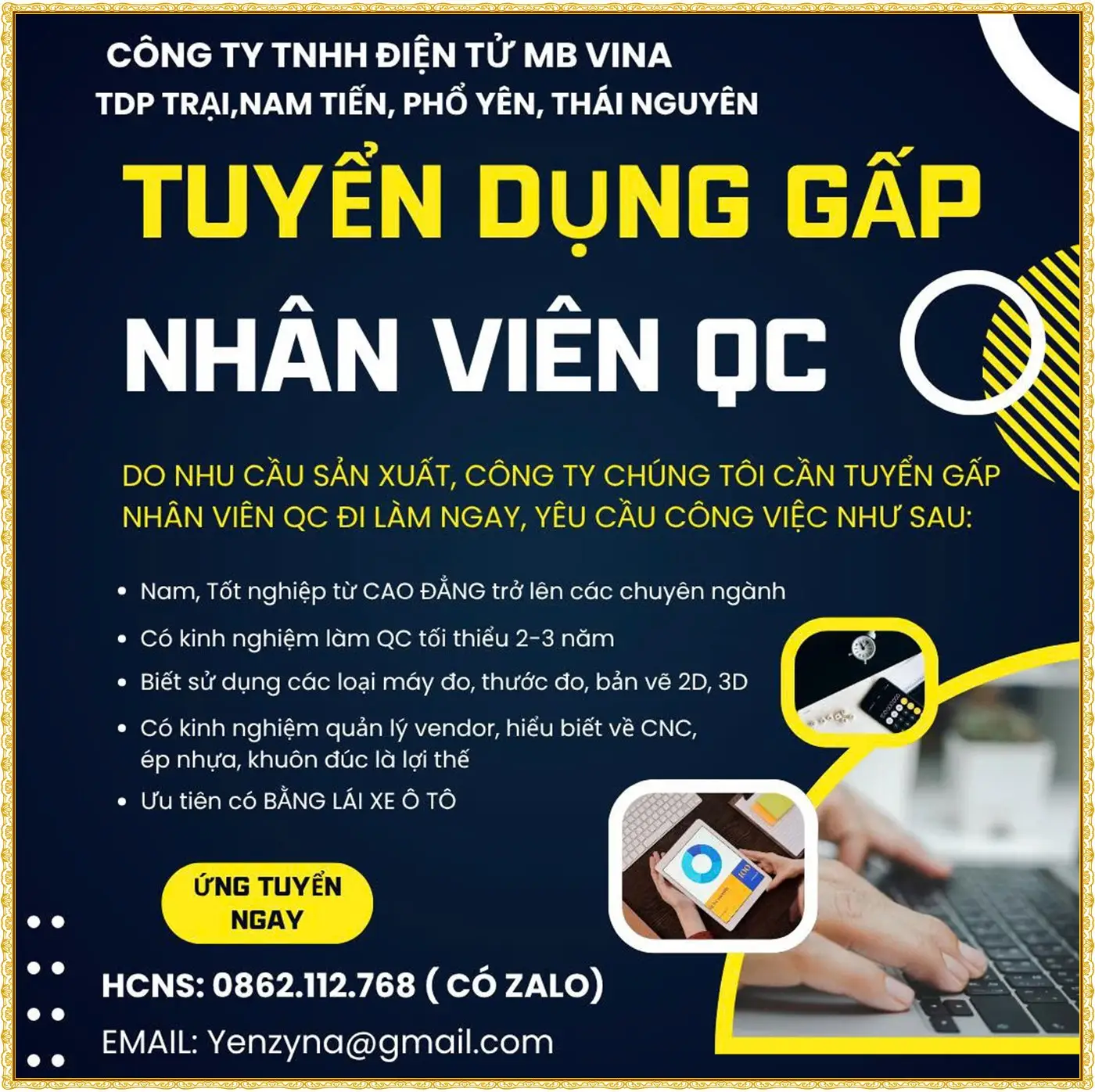 Tuyển gấp nhân viên QC tại Thái Nguyên