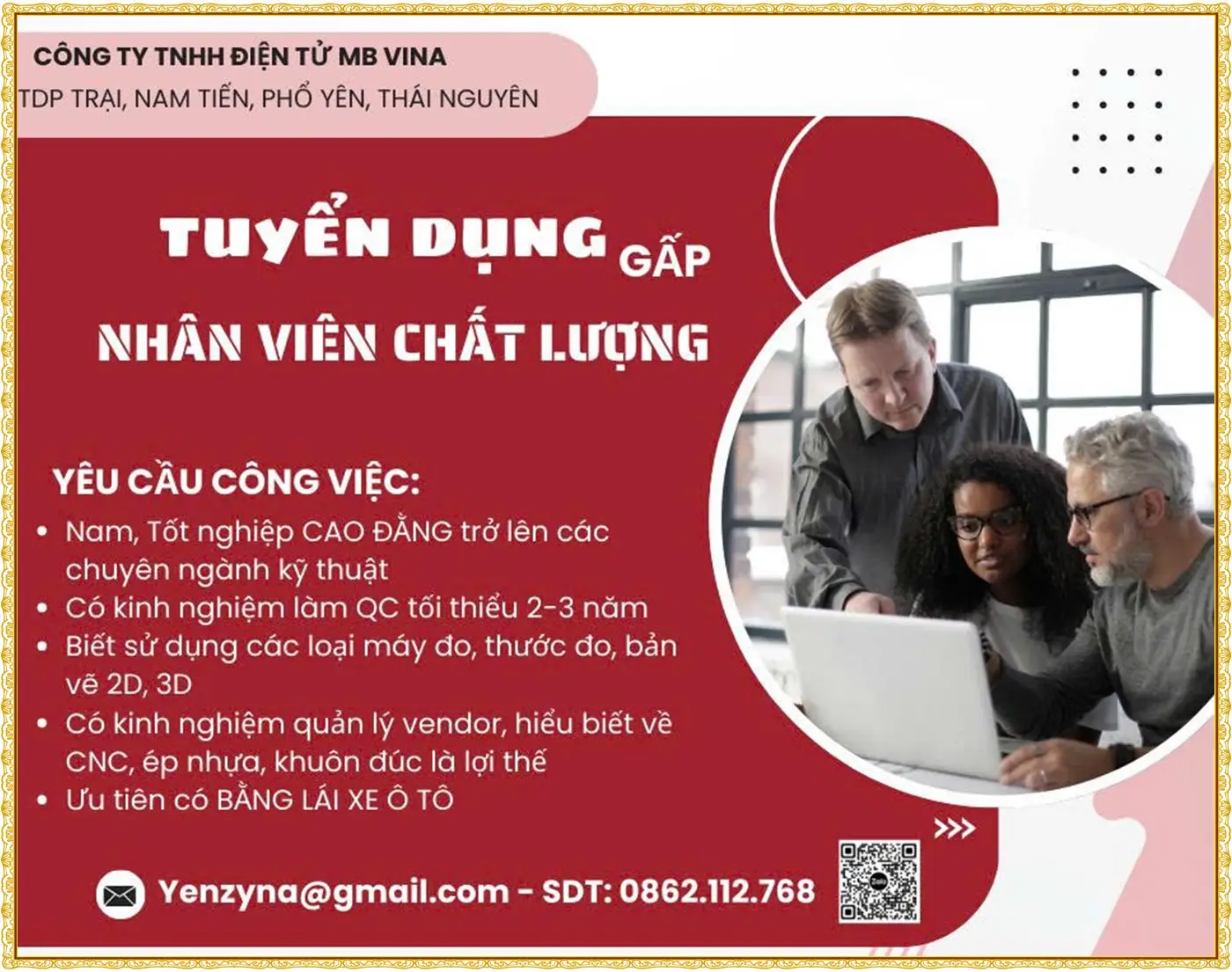 Thái nguyên tuyển gáp nhân viên chất lượng