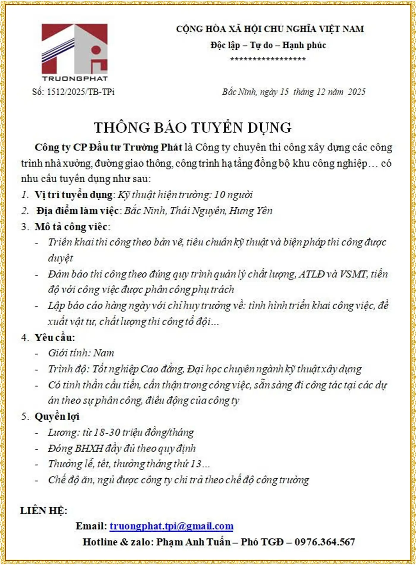 THái Nguyên tuyển Kỹ thuật hiện trường