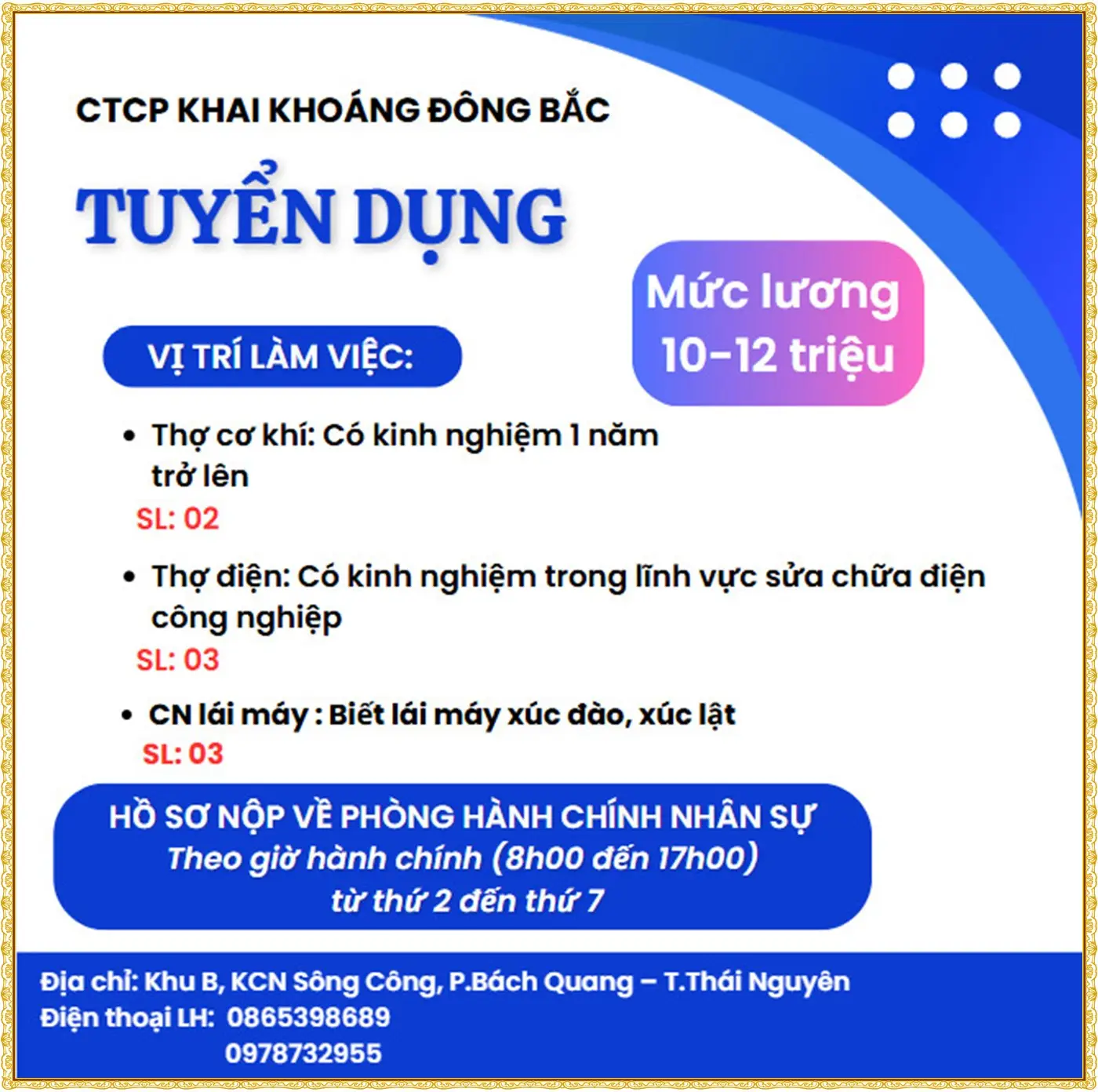 Tuyển thợ cơ khí tại Thái nguyên