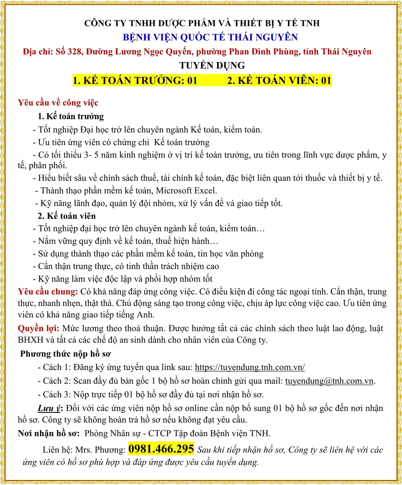 TUYỂN DỤNG KẾ TOÁN TRƯỞNG, KẾ TOÁN VIÊN  tỉnh Thái Nguyên