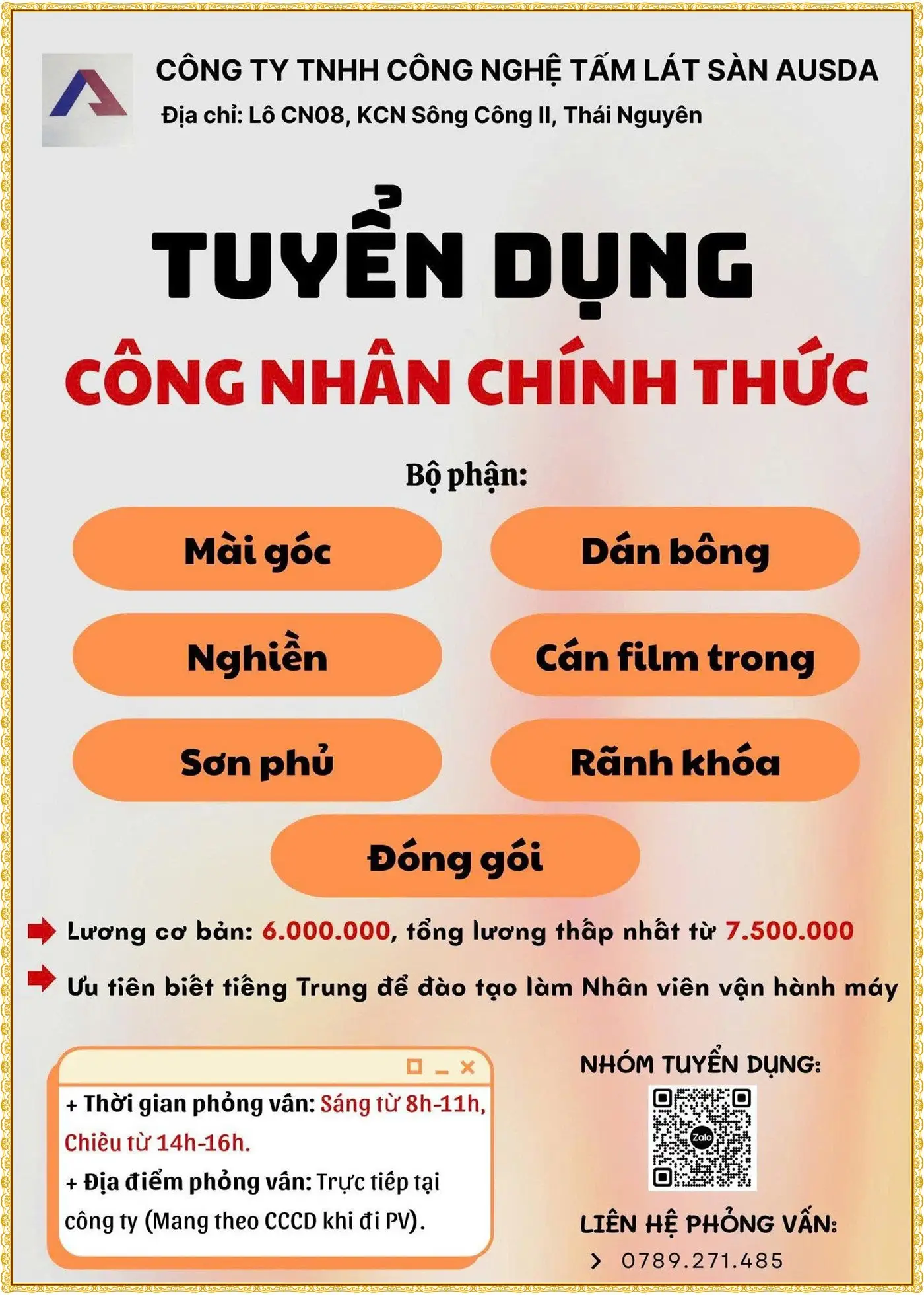 Thái nguyên tuyển công nhân chính thức