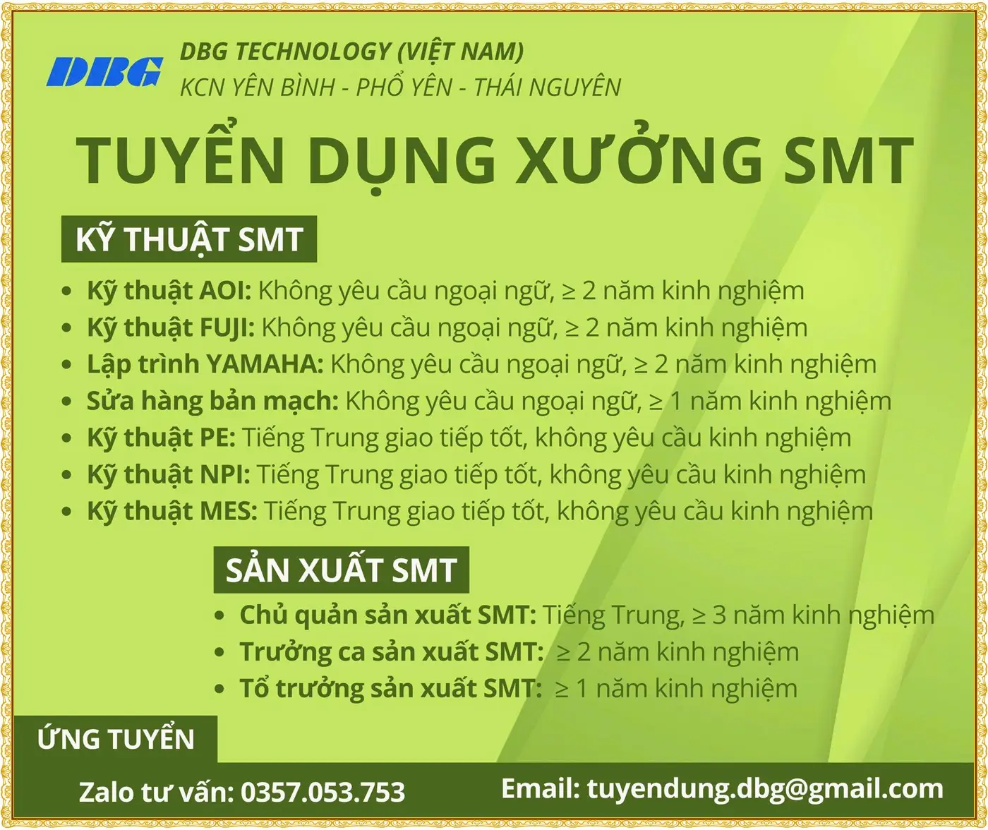 THái nguyên tuyển kỹ thuật SMT