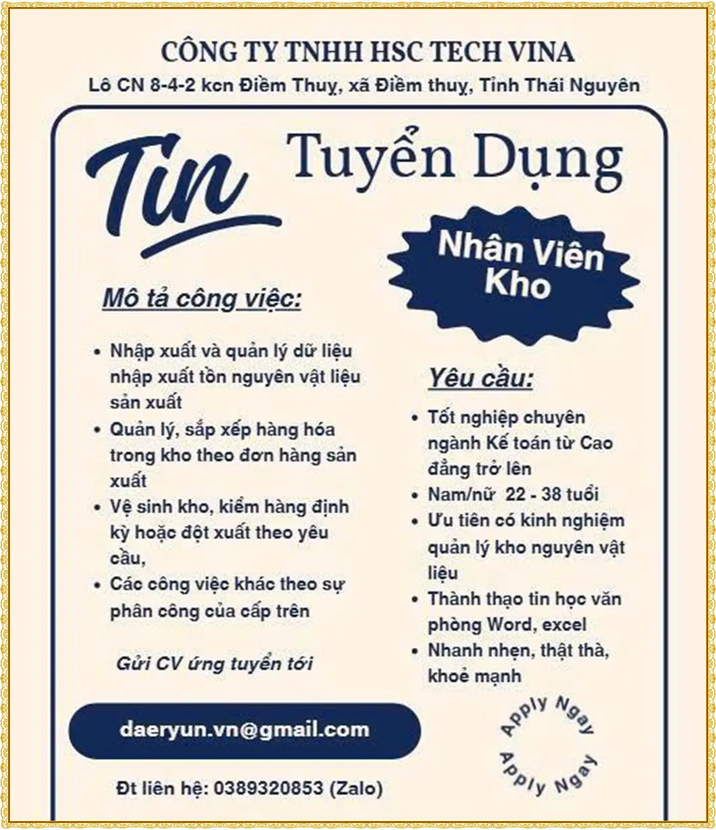 Thái nguyên tuyển nhân viên kho lương cao