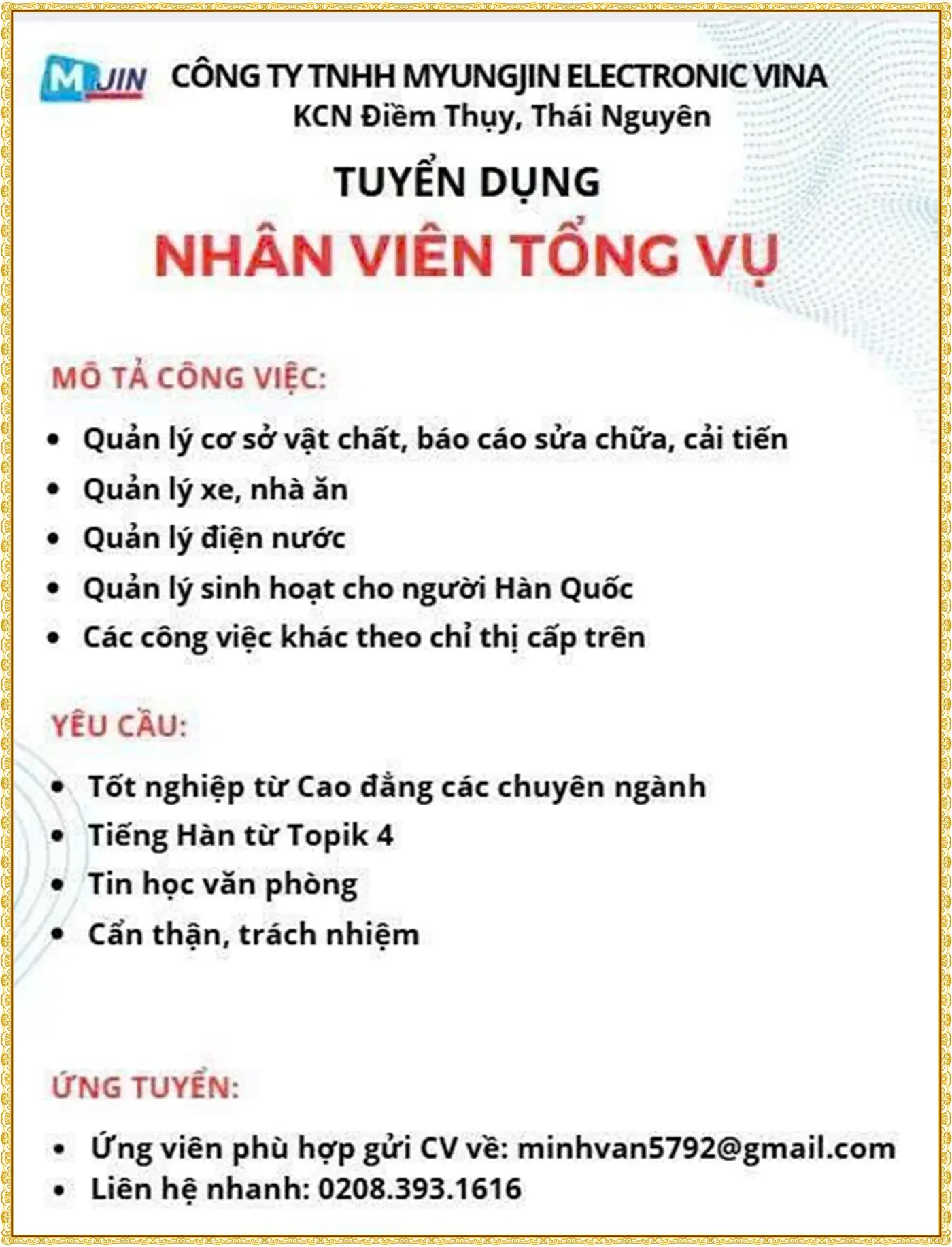 tuyểnnhân viên tổng vụ tại thái nguyên