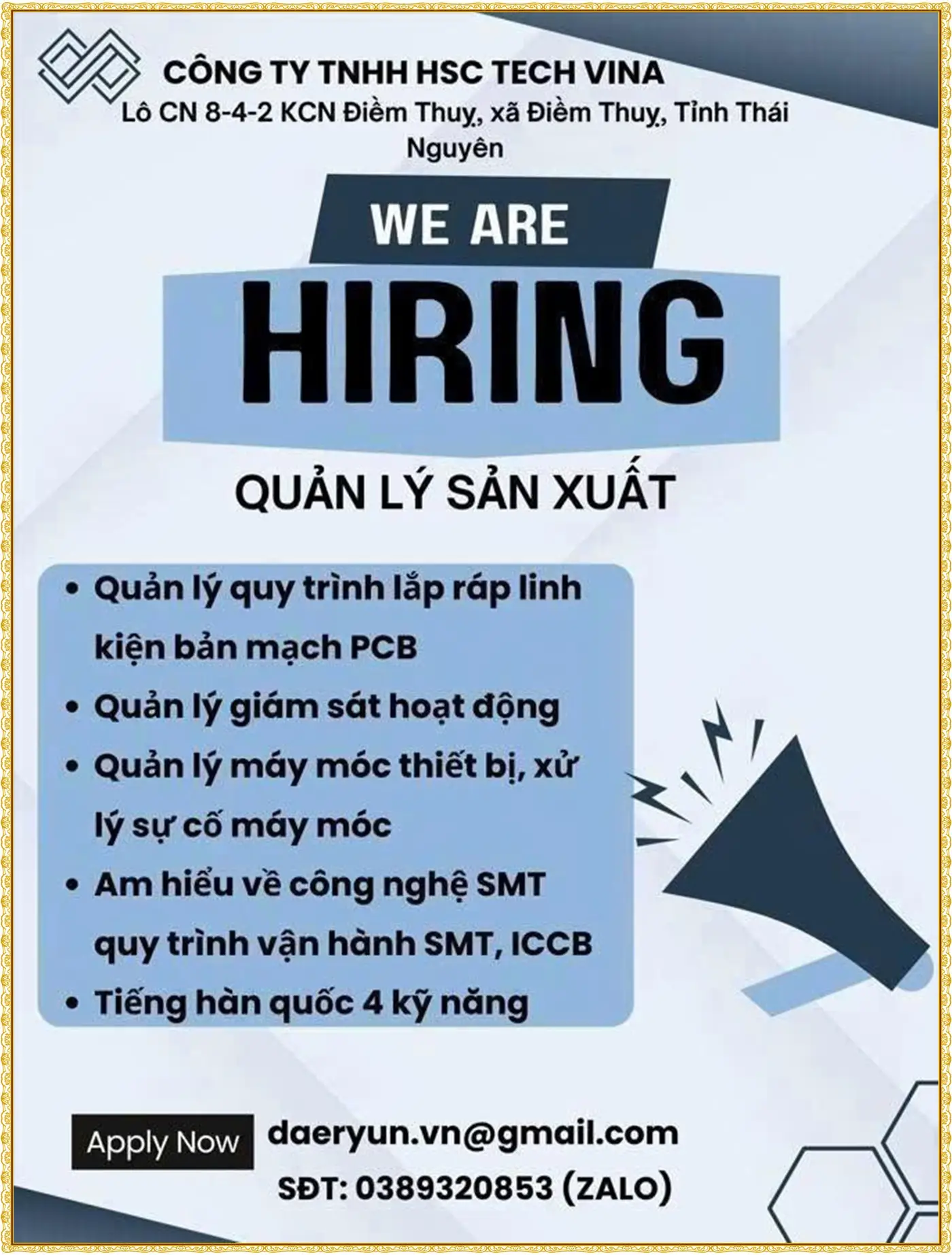 Thái nguyên tuyển quản lý quy trình sản xuất