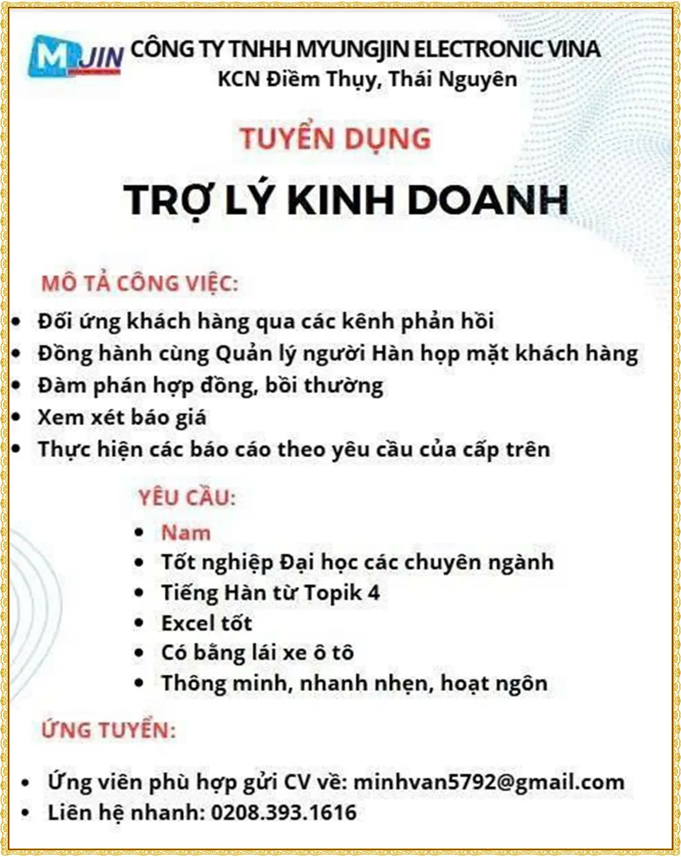 Tuyển trợ lý kinh doanh tại thái nguyên