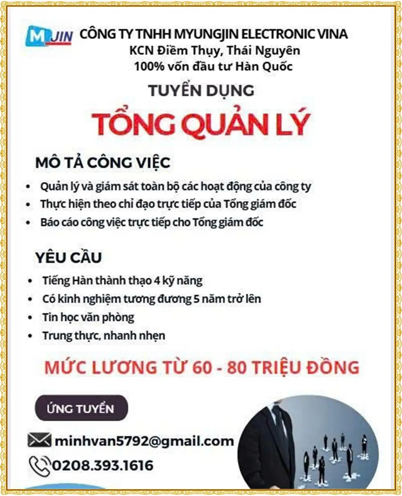 tuyển tổng quản lý tại thái nguyên